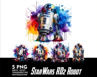 Diseño PNG del robot RD2 de Star Wars (5) para sublimación en acuarela. PNG de alta resolución (300 ppp) para camisetas, tazas y vasos. Diseño del robot de Star Wars.