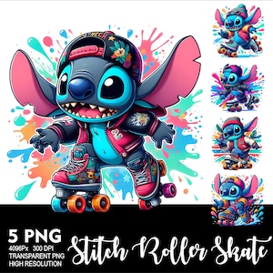 Puede incluir: Un personaje azul Stitch que lleva una chaqueta roja y azul, un sombrero azul y patines. El personaje está sobre un fondo colorido con salpicaduras de pintura. El texto "Stitch Roller Skate" está en la parte inferior de la imagen.