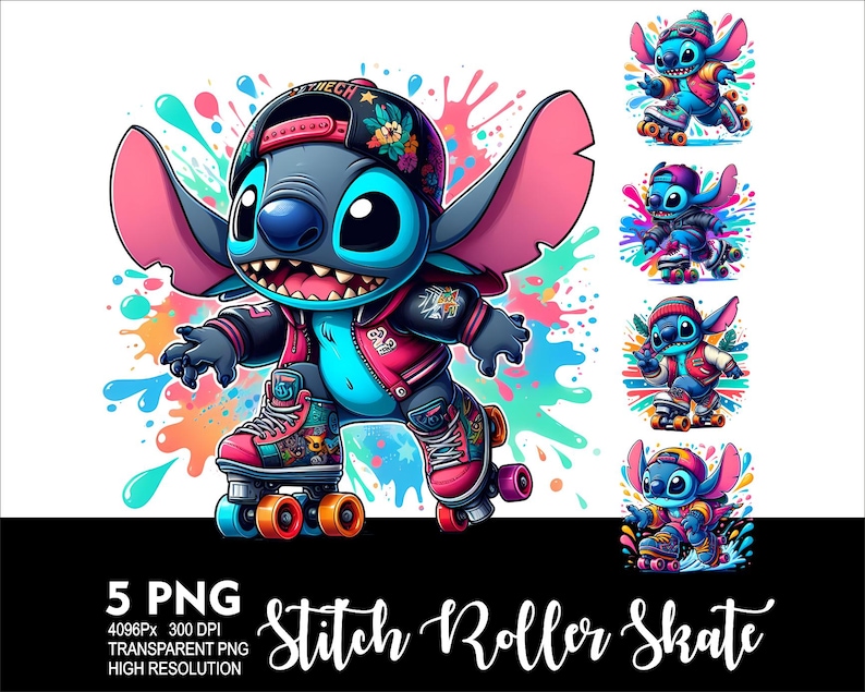 May include: A blue Stitch character wearing a red and blue jacket, a blue hat, and roller skates. The character is on a colourful background with paint splatters. The text "Stitch Roller Skate" is at the bottom of the image.