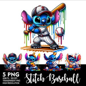 May include: Five digital illustrations of Stitch from Lilo & Stitch, dressed as a baseball player. Each image features Stitch in a different colour scheme, with a baseball bat, ball, and colourful paint splatters. The text "Stitch Baseball" is written below the images.