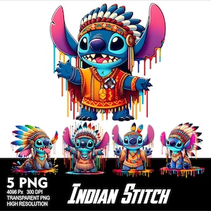 Puede incluir: Una ilustración digital del personaje Stitch de Lilo & Stitch, vestido con atuendo nativo americano. La imagen presenta a Stitch en varias poses, con un tocado y efectos de goteo de pintura colorida. Se muestra el texto "Indian Stitch".