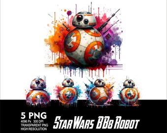 Diseño PNG del robot BB-8 de Star Wars (5 unidades) para sublimación en acuarela. PNG de alta resolución (300 ppp). Ideal para camisetas, tazas y vasos. Diseño de Star Wars.