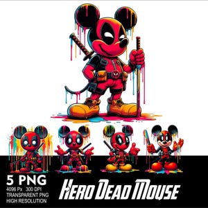 May include: A digital illustration of Mickey Mouse as Deadpool. The image is in a cartoon style with bright colors and a dripping paint effect. The image includes the text "Hero Dead Mouse".