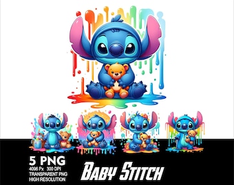 Diseño PNG de Stitch Bebé Osito de Peluche 5 para Sublimación, PNG de Alta Resolución 300DPI, PNG para Camiseta, Taza, Vaso, Pegatina PNG. Diseño de Stitch Bebé