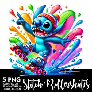 May include: Stitch, a blue cartoon character with large ears, is wearing a red hat and roller skates. He is skating through a colourful splash of paint.