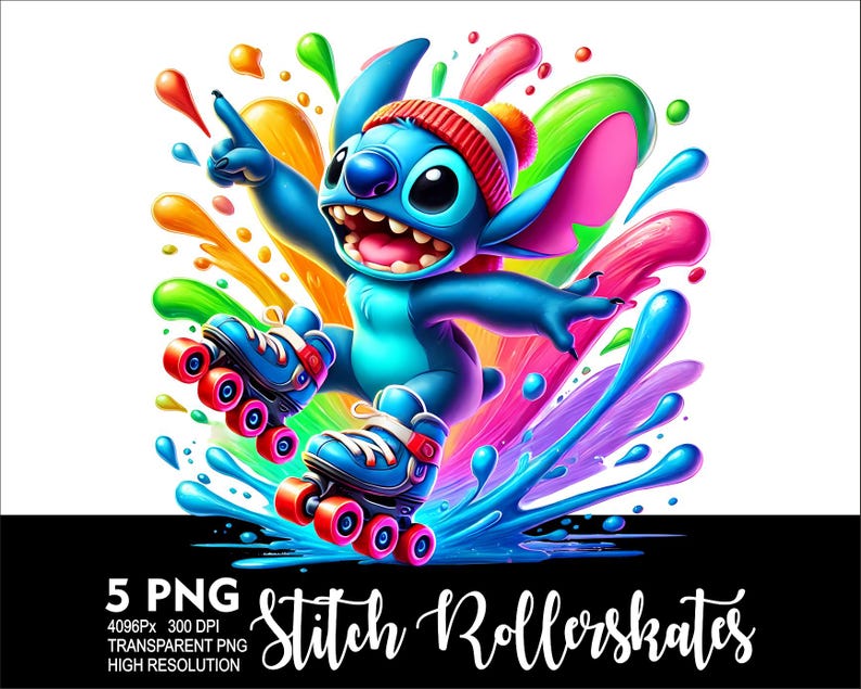 May include: Stitch, a blue cartoon character with large ears, is wearing a red hat and roller skates. He is skating through a colourful splash of paint.