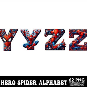 Pu&ograve; includere: Un set di 62 immagini PNG che presentano un alfabeto di supereroi a tema Spiderman. Le lettere sono composte da immagini di Spiderman in varie pose.