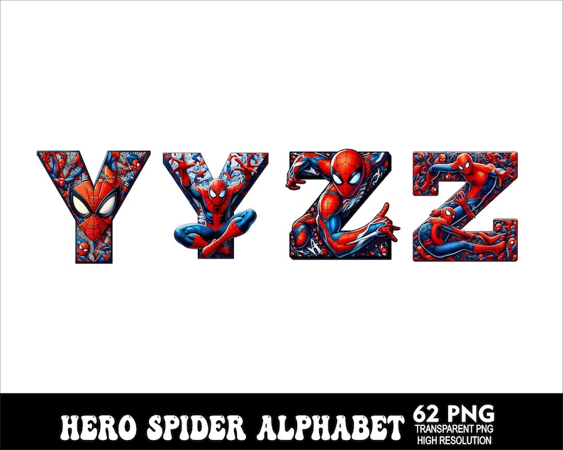 Pu&ograve; includere: Un set di 62 immagini PNG che presentano un alfabeto di supereroi a tema Spiderman. Le lettere sono composte da immagini di Spiderman in varie pose.