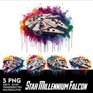 Diseño PNG del Halcón Milenario 5 de Star Wars para sublimación de acuarela, PNG, 300 DPI, alta resolución, PNG, camiseta, taza, vaso, diseño de naves de Star Wars