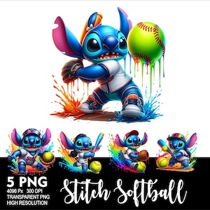 May include: Five digital illustrations of Stitch from Lilo & Stitch playing softball. Stitch is wearing a baseball uniform and holding a bat or a ball. The background is a colourful splatter of paint.