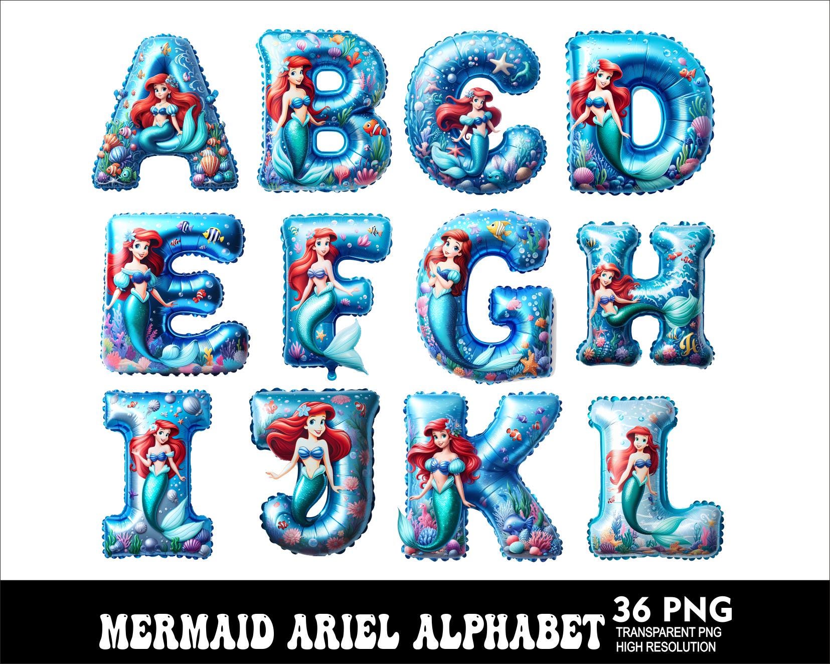 Mermaid Princess Ariel Alphabet PNG Letters Design Girl Mermaid Ariel ...