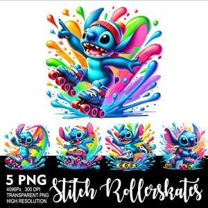 May include: Five digital illustrations of Stitch from Lilo & Stitch wearing roller skates. Each image features Stitch in a different pose with a colourful background of paint splatters. The text "Stitch Rollerskates" is at the bottom of the image.