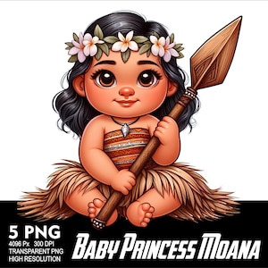 May include: A cartoon illustration of a baby Moana, a Polynesian princess, wearing a brown and orange dress and a flower crown. She is holding a wooden spear and sitting on a brown and white fur rug.