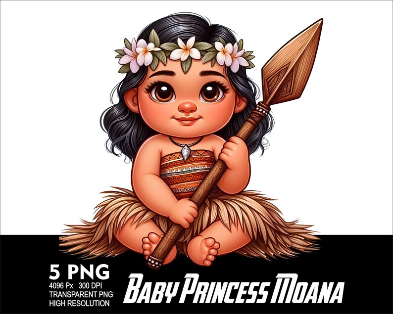 May include: A cartoon illustration of a baby Moana, a Polynesian princess, wearing a brown and orange dress and a flower crown. She is holding a wooden spear and sitting on a brown and white fur rug.