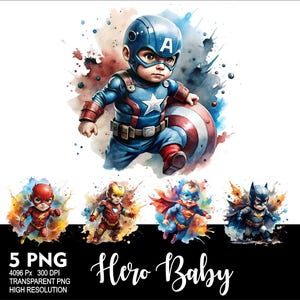 May include: Five digital illustrations of babies dressed as superheroes. The babies are dressed as Captain America, The Flash, Iron Man, Superman, and Batman. The illustrations are in a watercolor style with a white background.
