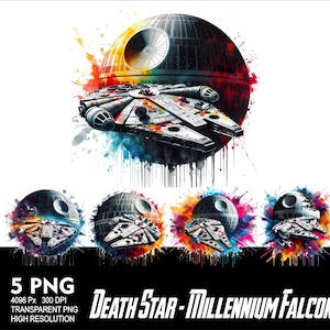 Diseño PNG del Halcón Milenario 5 de Star Wars para sublimación de acuarela, PNG, 300 DPI, alta resolución, PNG, camiseta, taza, vaso, diseño de naves de Star Wars