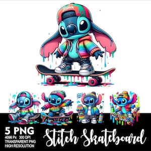 Puede incluir: Cinco ilustraciones digitales de Stitch de Lilo & Stitch montando un monopatín. Cada ilustración presenta a Stitch en una pose y un esquema de color diferente, con un efecto de salpicadura de pintura colorida. El texto "Stitch Skateboard" está en la parte inferior de la imagen.
