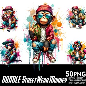 May include: A set of 50 digital illustrations featuring cartoon monkeys wearing street wear clothing. The monkeys are wearing colorful clothing, hats, and sunglasses. The illustrations are set against a colorful watercolor background.