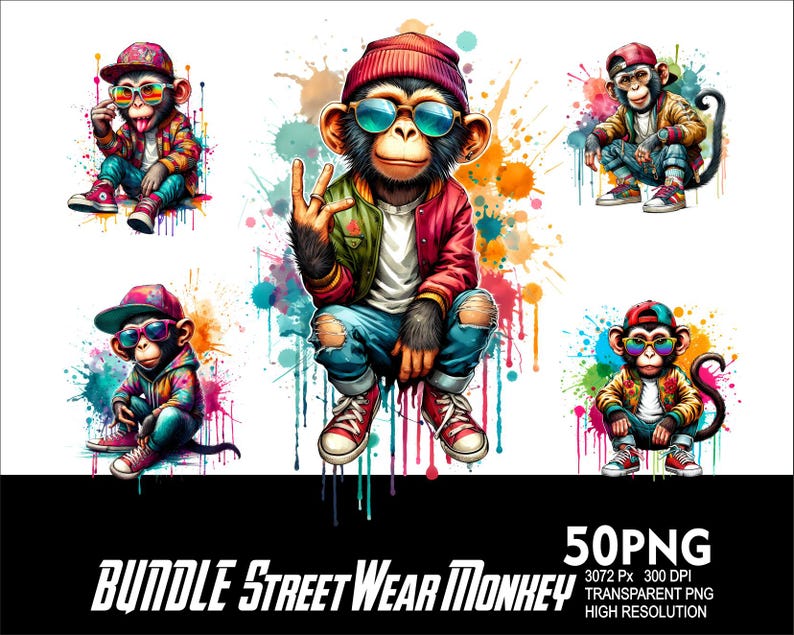 May include: A set of 50 digital illustrations featuring cartoon monkeys wearing street wear clothing. The monkeys are wearing colorful clothing, hats, and sunglasses. The illustrations are set against a colorful watercolor background.