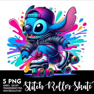May include: A blue and purple cartoon character wearing a blue and white baseball cap and a black jacket is roller skating. The character is on a pair of roller skates with pink and blue wheels. The background is a colourful splatter pattern.