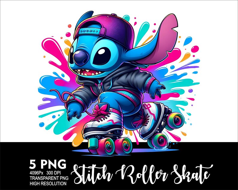 May include: A blue and purple cartoon character wearing a blue and white baseball cap and a black jacket is roller skating. The character is on a pair of roller skates with pink and blue wheels. The background is a colourful splatter pattern.