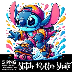 May include: A blue cartoon character with large ears and a pink hat roller skating on a blue wave. The character is wearing a pink and yellow jacket and black trousers. The background is a white background with colourful splashes of paint.