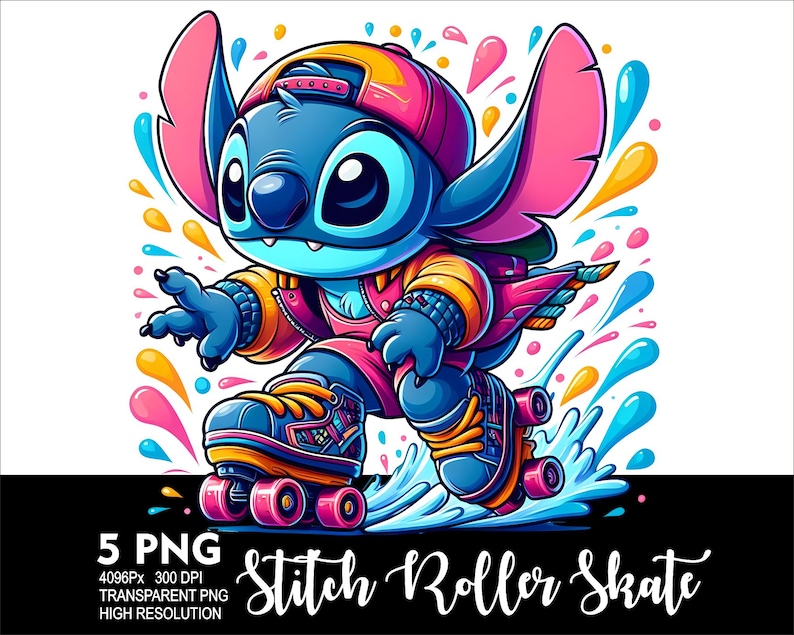 May include: A blue cartoon character with large ears and a pink hat roller skating on a blue wave. The character is wearing a pink and yellow jacket and black trousers. The background is a white background with colourful splashes of paint.