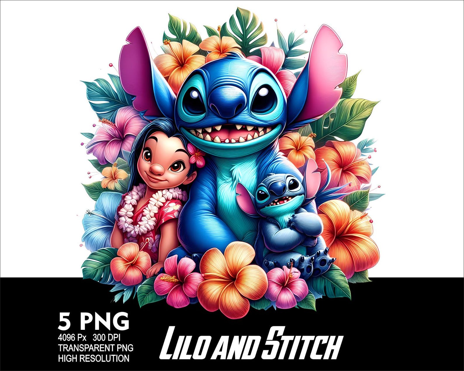 Vector Stish Lilo Stitch Hawaii Flowers 5 PNG Design Sublimation Png 300DPI High ...