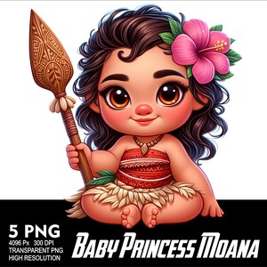 May include: A cartoon illustration of a baby Moana, a Polynesian princess, holding a spear. She is wearing a red and brown dress with a flower in her hair. The image is set against a white background.