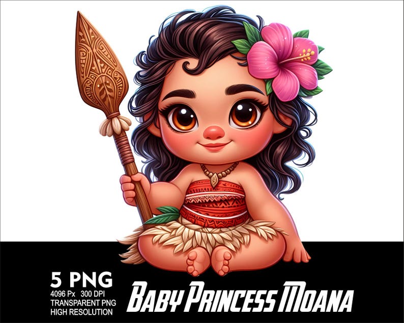 May include: A cartoon illustration of a baby Moana, a Polynesian princess, holding a spear. She is wearing a red and brown dress with a flower in her hair. The image is set against a white background.
