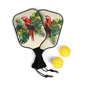 McCaw Design Pickleball Paddle Set: Parrot & Tropical Leaves
