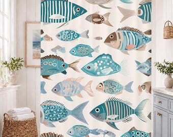 Fish Pattern Shower Curtain, Blue Marine Ocean Life Bathroom Decor