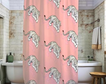 Gemusterter Tierdruck Duschvorhang: Pink hockende Tiger-Katze Badezimmer-Dekor