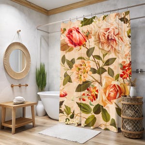 Vintage Floral Fabric Shower Curtain: Botanical Peach Bathroom Decor
