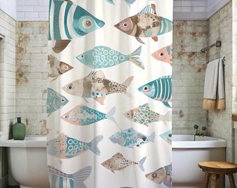 Duschdraperi med fiskmönster, blå marint havsliv badrumsdekor
