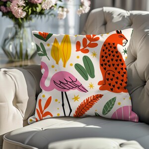 Jungle Vibes Square Pillow Cover, Tropical Decor, Botanical Cushion, Nature Lover Gift, Safari Theme Accent Pillow, Animal Print Throw