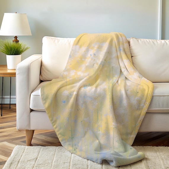 Abstract Floral Velveteen Plush Blanket Yellow Flower Throw