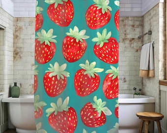 Cortina de ducha con acuarela de fresa: decoración de baño con frutas en verde azulado