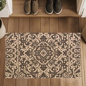 Black Patterned Coir Front Door Mat, Vintage Tile Welcome Coir Doormat Porch Decor