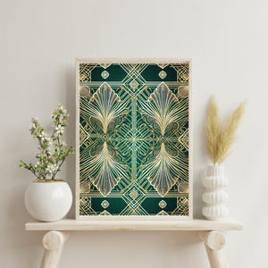Luxury Art Deco Wall Art – Gold Linework on Emerald Green, Vintage 1920s Inspired Digital Download