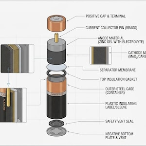May include: An exploded diagram of a battery, showcasing its internal components. The illustration highlights the positive cap, current collector pin, anode material, cathode material, separator membrane, and outer steel case. The battery is labeled with its parts and materials.