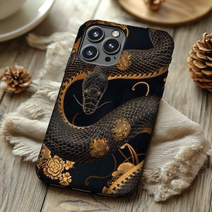 Golden Serpent Dragon Snake iPhone 15, 14, 13, 12, 11, X, XS, 7, 8 Pro Max Samsung Galaxy 24, 23, 22, capa de telefone flip slim com suporte para cartão rígido