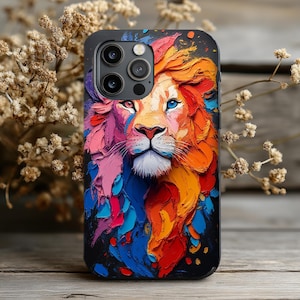 Colorful Lion Art Phone Case: Impact Resistant, Glossy Finish
