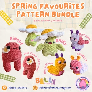 Puede incluir: Un conjunto de patrones de crochet hechos a mano con personajes caprichosos de temática primaveral. La imagen incluye un hongo, una mariposa y una mariquita, con el texto "SPRING FAVOURITES PATTERN BUNDLE" y "5 fun crochet patterns".