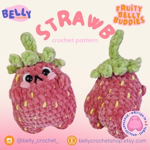 Può includere: Uno schema all'uncinetto per un giocattolo di peluche a forma di fragola. Lo schema si chiama "Fruity Belly Buddies: Strawberry". Lo schema è scritto in termini americani e include istruzioni per lavorare all'uncinetto la fragola, oltre agli occhi e alla bocca. Lo schema è disponibile per l'acquisto su Etsy.