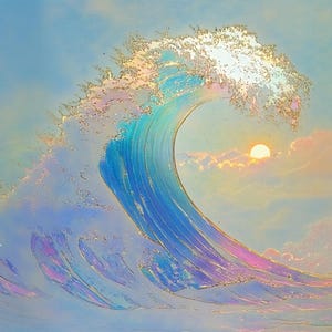 Puede incluir: Una pintura digital de una gran ola azul rompiendo contra un cielo azul claro con un sol amarillo brillante en el fondo.