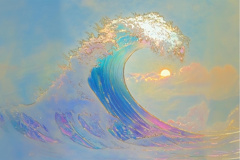 Puede incluir: Una pintura digital de una gran ola azul rompiendo contra un cielo azul claro con un sol amarillo brillante en el fondo.