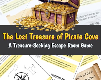 May include: A treasure chest overflowing with gold coins, open and revealing the riches inside. The text "The Lost Treasure of Pirate Cove" is displayed above the chest, indicating a treasure-seeking escape room game.