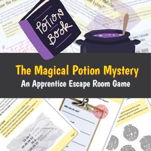 Pode incluir: Um livro roxo com as palavras "Potion Book" escritas nele, um caldeirão preto com líquido roxo dentro, e o texto "The Magical Potion Mystery An Apprentice Escape Room Game".