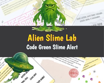 May include: A green alien monster with angry eyes and a wide mouth is on a green slime background. The text "Alien Slime Lab" and "Code Green Slime Alert" is in yellow letters on a black background.